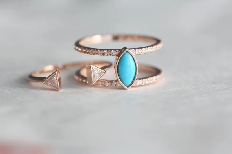 OLGA TURQUOISE DIAMOND RING, TRIANGLE OPEN ENGAGEMENT RING SET view 5