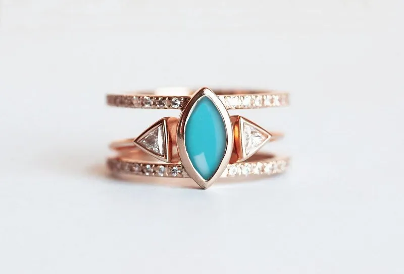 OLGA TURQUOISE DIAMOND RING, TRIANGLE OPEN ENGAGEMENT RING SET engagement ring
