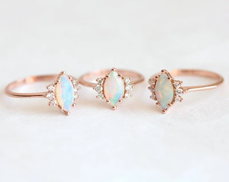 Opal Ring Set, 14K Rose Gold Diamond Ring vy 10