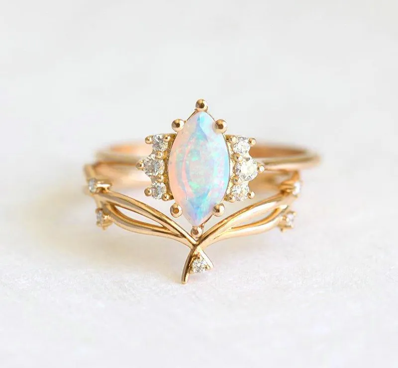 Opal Ring Set, 14K Rose Gold Diamond Ring vy 11