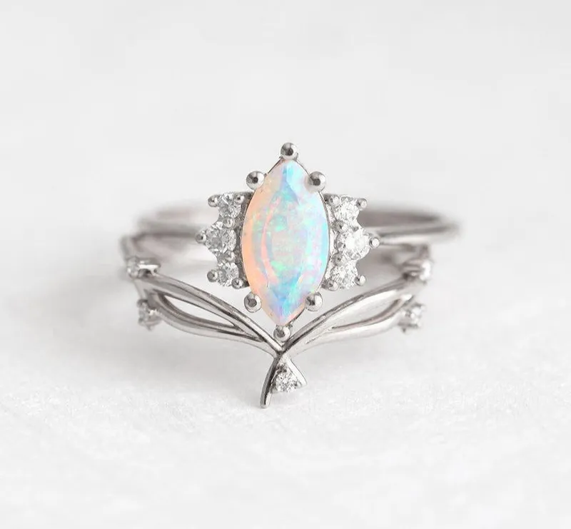 Opal Ring Set, 14K Rose Gold Diamond Ring vy 12