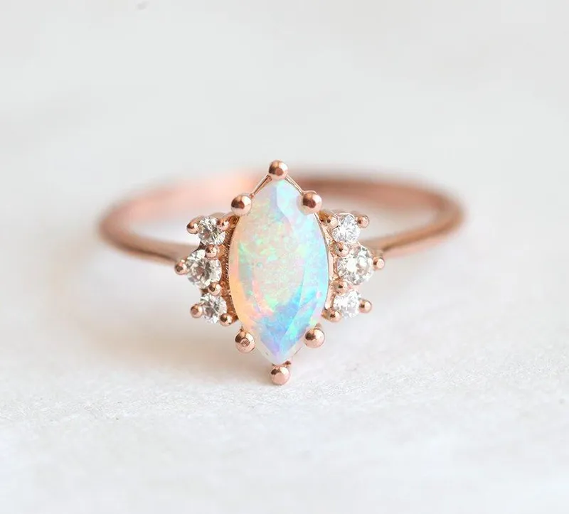 Opal Ring Set, 14K Rose Gold Diamond Ring vy 3
