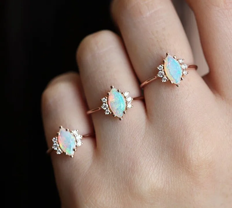 Opal Ring Set, 14K Rose Gold Diamond Ring vy 4