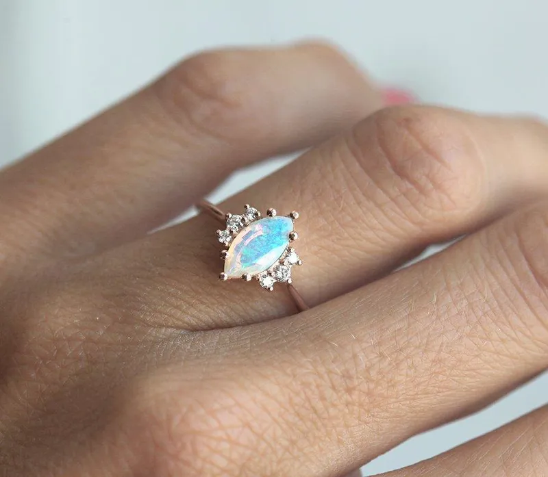 Opal Ring Set, 14K Rose Gold Diamond Ring vy 6