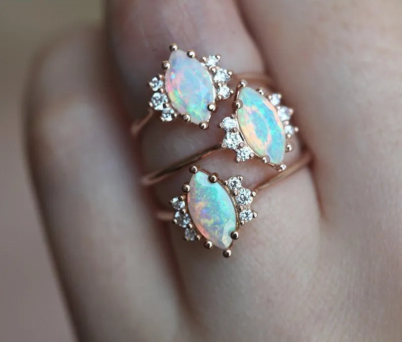 Opal Ring Set, 14K Rose Gold Diamond Ring vy 7