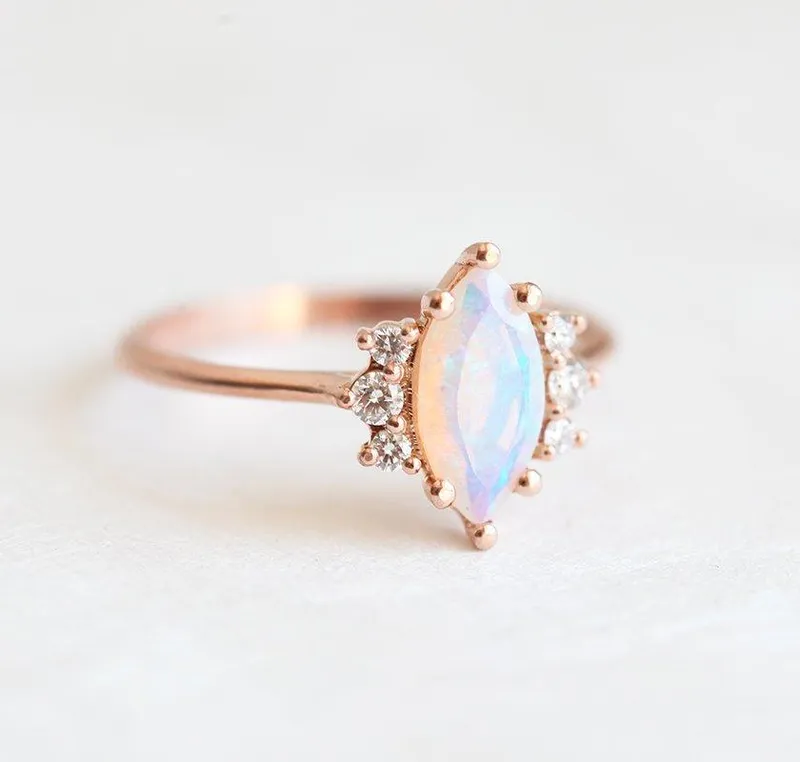 Opal Ring Set, 14K Rose Gold Diamond Ring vy 8