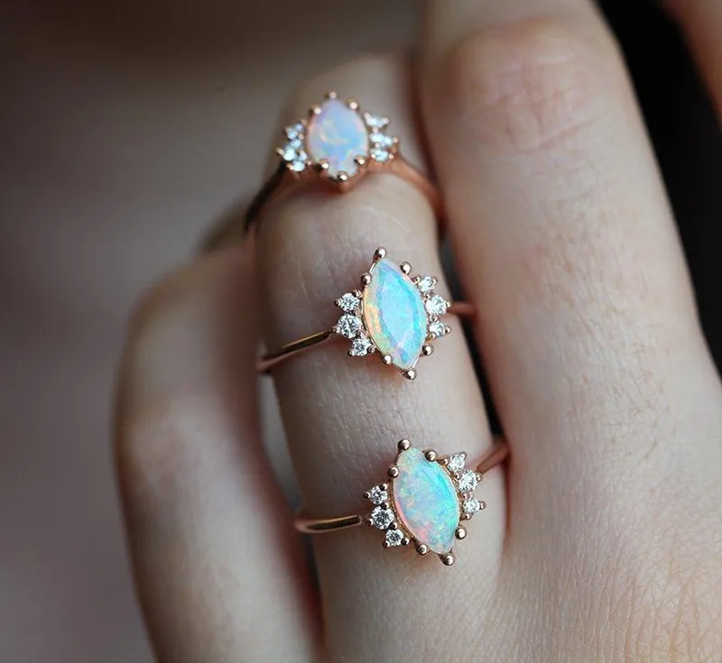 Opal Ring Set, 14K Rose Gold Diamond Ring vy 9