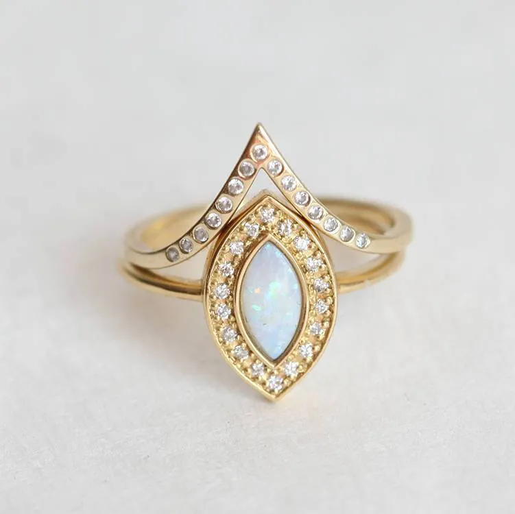 Opal Set: Marquise Opal Ring W/ Diamond Halo & Curved V-Band view 2