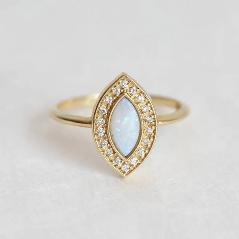 Opal Set: Marquise Opal Ring W/ Diamond Halo & Curved V-Band view 3