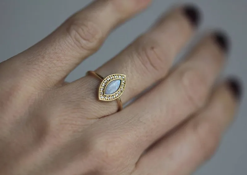 Opal Set: Marquise Opal Ring W/ Diamond Halo & Curved V-Band view 4