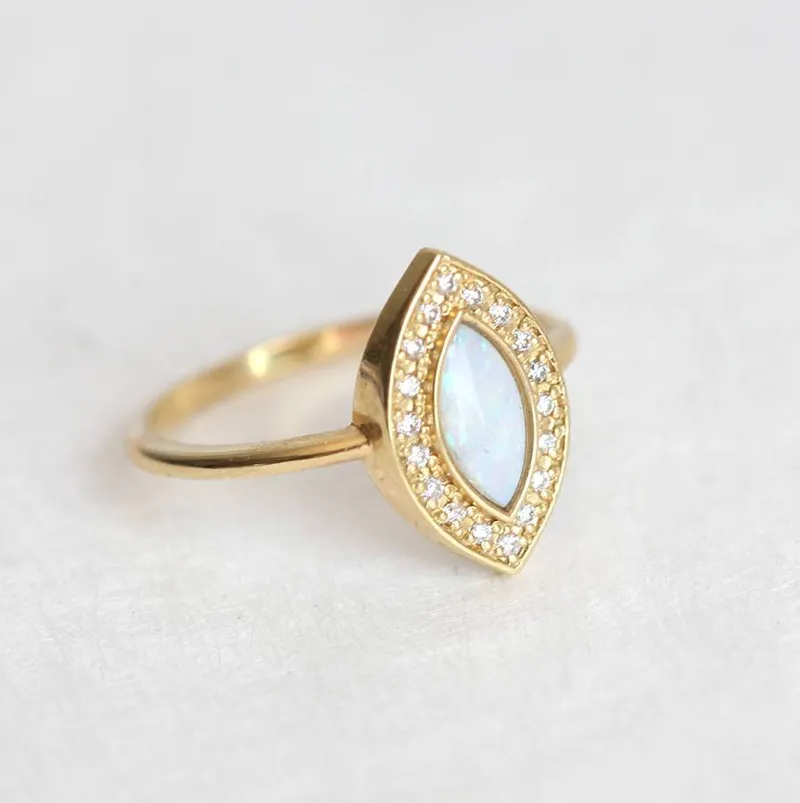 Opal Set: Marquise Opal Ring W/ Diamond Halo & Curved V-Band view 5