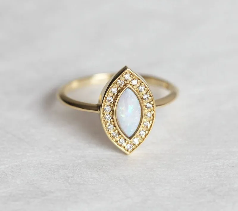 Opal Set: Marquise Opal Ring W/ Diamond Halo & Curved V-Band view 6