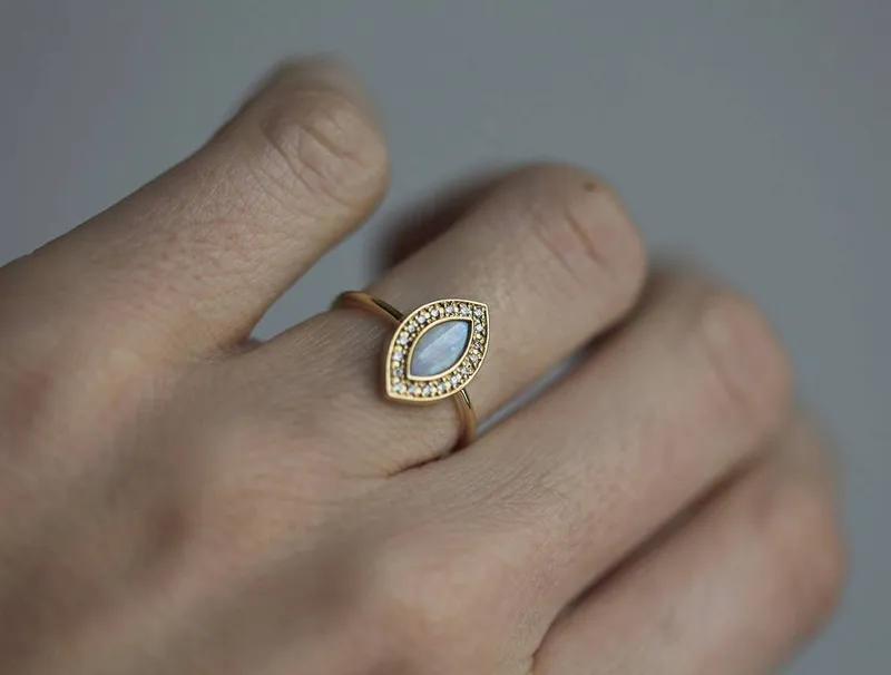Opal Set: Marquise Opal Ring W/ Diamond Halo & Curved V-Band view 7
