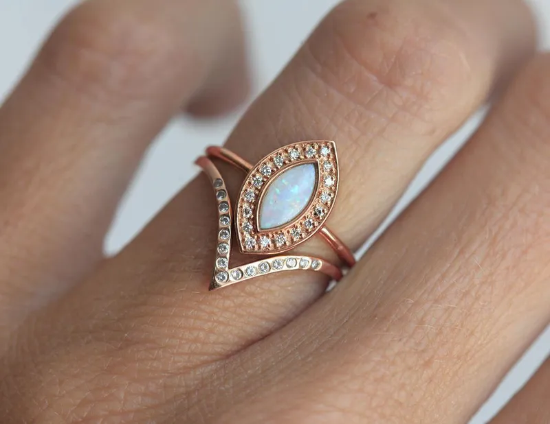 Opal Set: Marquise Opal Ring W/ Diamond Halo & Curved V-Band view 9