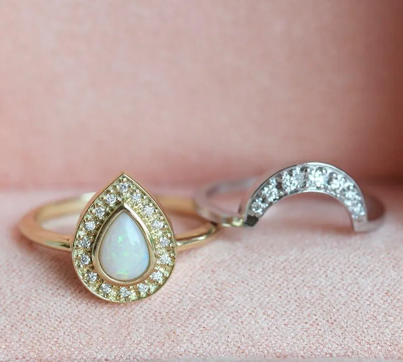 Opal Set: Opal Engagement Ring & Curved Diamond Band view 2