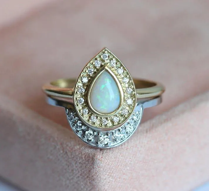 Opal Set: Opal Engagement Ring & Curved Diamond Band view 3