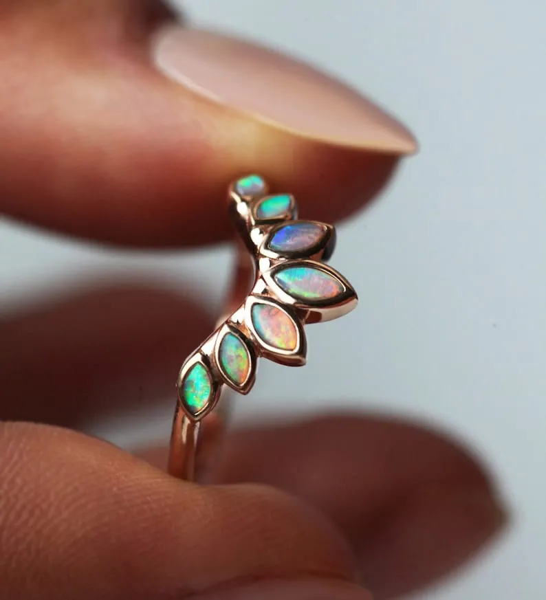 Opal Wedding Band, Nesting Marquise Opal Ring engagement ring