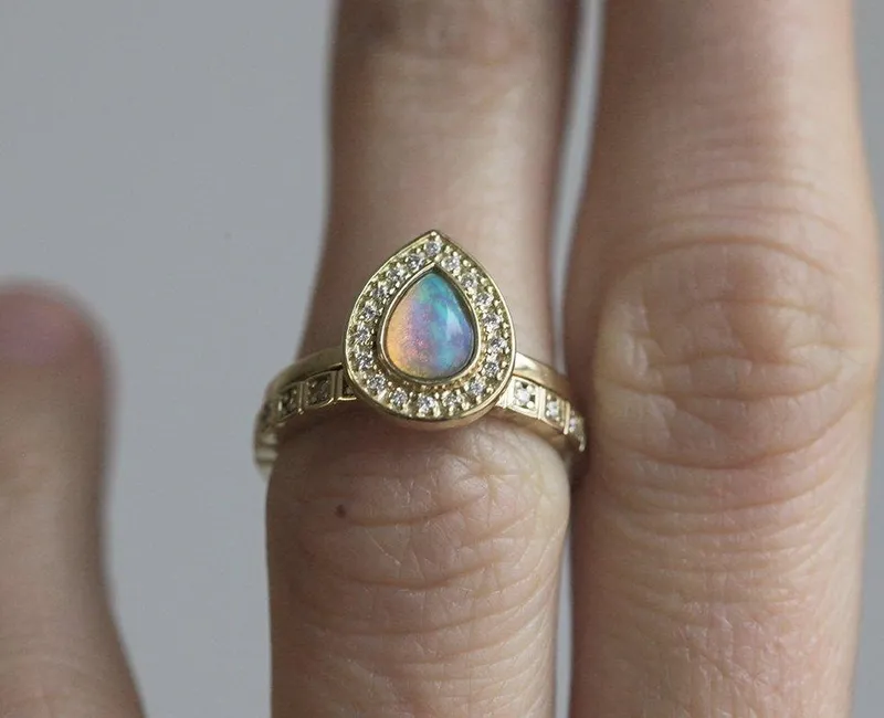 Opal Wedding Ring Set, Halo Opal Ring vy 2