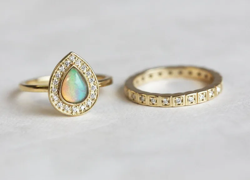 Opal Wedding Ring Set, Halo Opal Ring vy 3