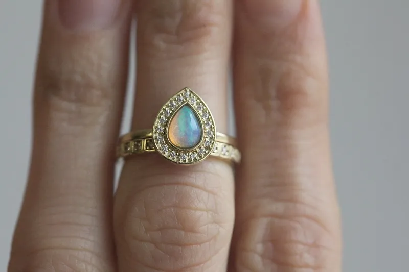 Opal Wedding Ring Set, Halo Opal Ring vy 4