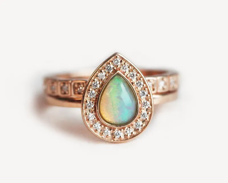 Opal Wedding Ring Set, Halo Opal Ring vy 6