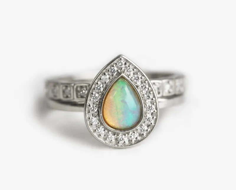 Opal Wedding Ring Set, Halo Opal Ring vy 7