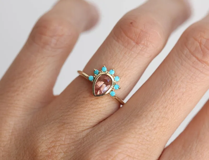 Oregon Sunstone Ring With Turquoise Crown vy 2