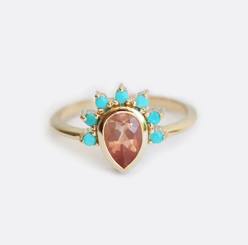 Oregon Sunstone Ring With Turquoise Crown vy 3