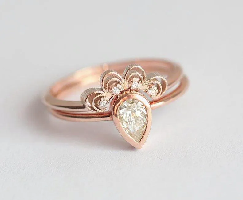 Pear Diamond Engagement Set With Diamond Lace Ring vy 6