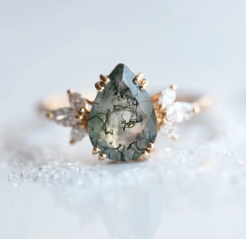 PEAR MOSS AGATE RING WITH SIDE DIAMONDS green pear cut engagement ring