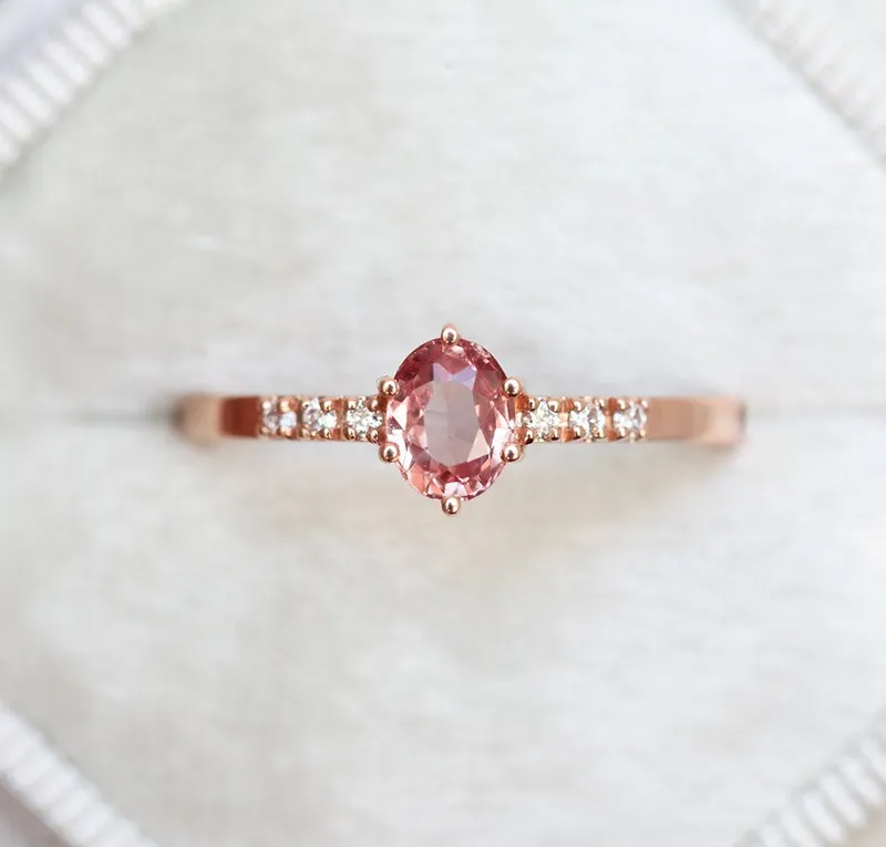 Padparadscha Peach Sapphire Diamond Ring view 3