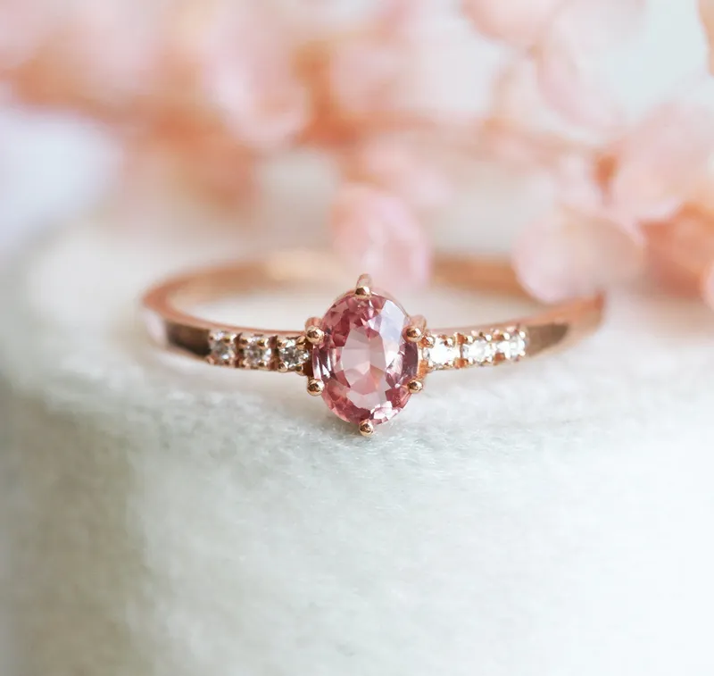 Padparadscha Peach Sapphire Diamond Ring view 5