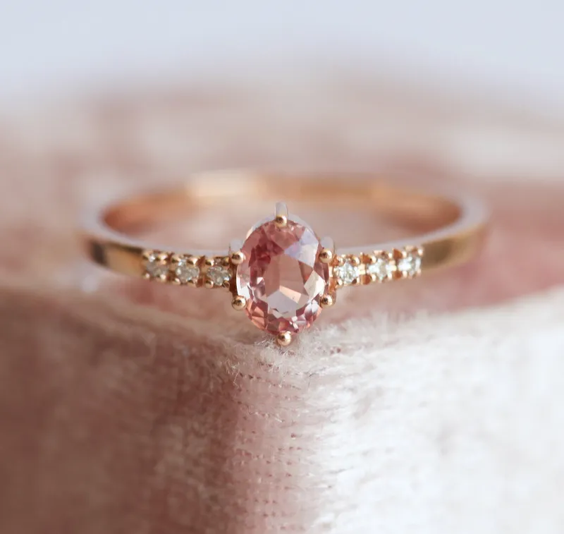 Padparadscha Peach Sapphire Diamond Ring view 6