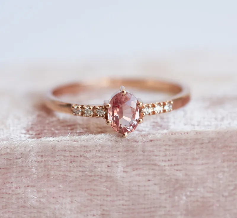 Padparadscha Peach Sapphire Diamond Ring view 7