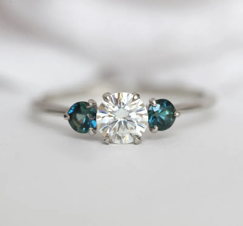 Paloma Moissanite And Teal Sapphire Engagement Ring vy 12