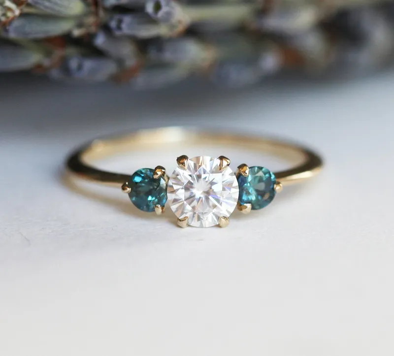 Paloma Moissanite And Teal Sapphire Engagement Ring vy 3