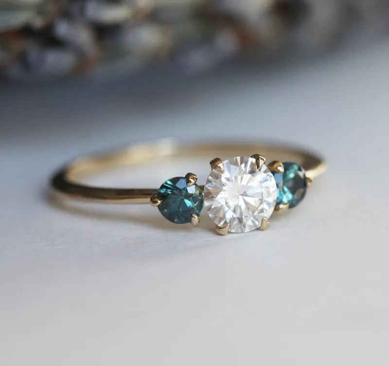 Paloma Moissanite And Teal Sapphire Engagement Ring vy 5
