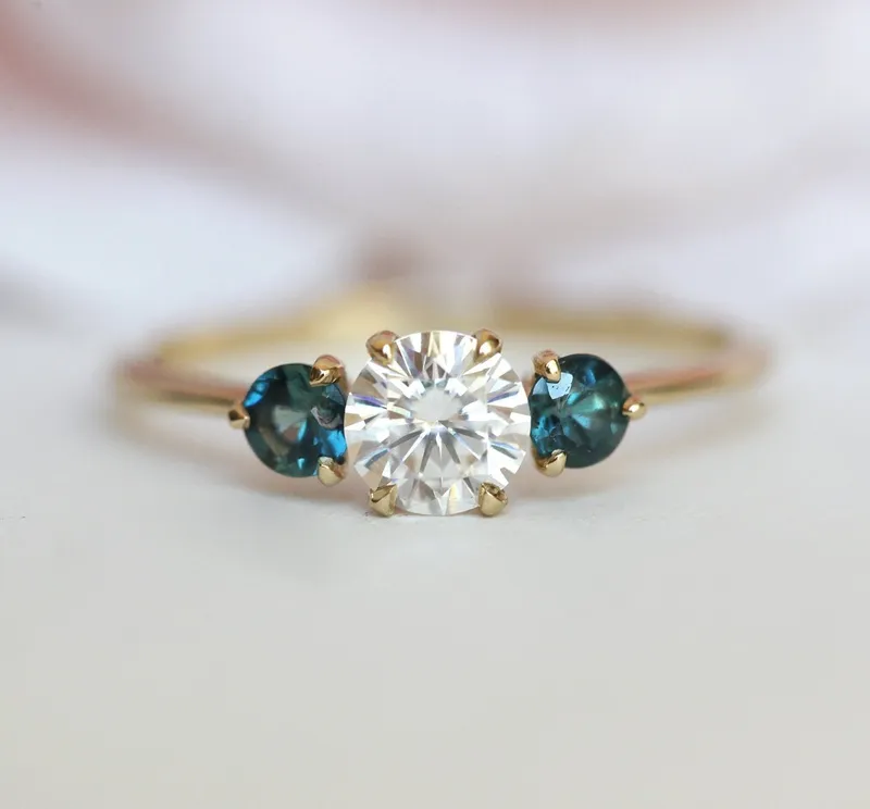 Paloma Moissanite And Teal Sapphire Engagement Ring vy 6