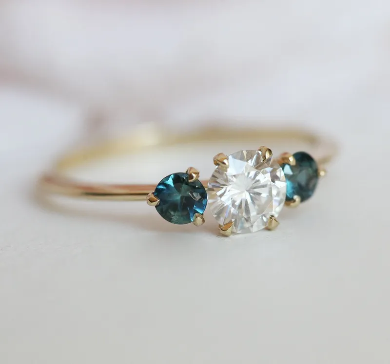 Paloma Moissanite And Teal Sapphire Engagement Ring vy 8