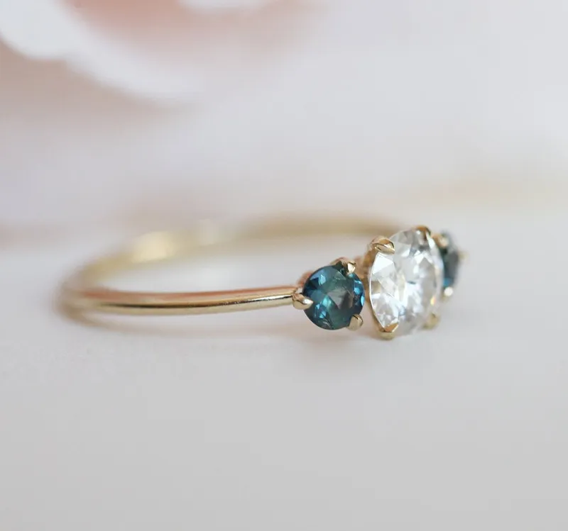 Paloma Moissanite And Teal Sapphire Engagement Ring vy 9
