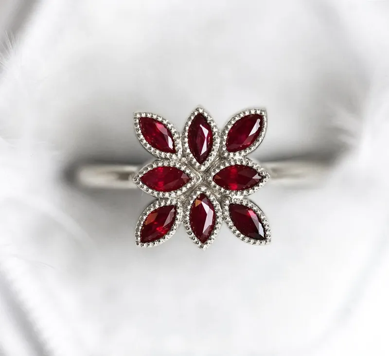 Paulina Marquise Ruby Engagement Ring, Ruby Cluster Ring vy 10