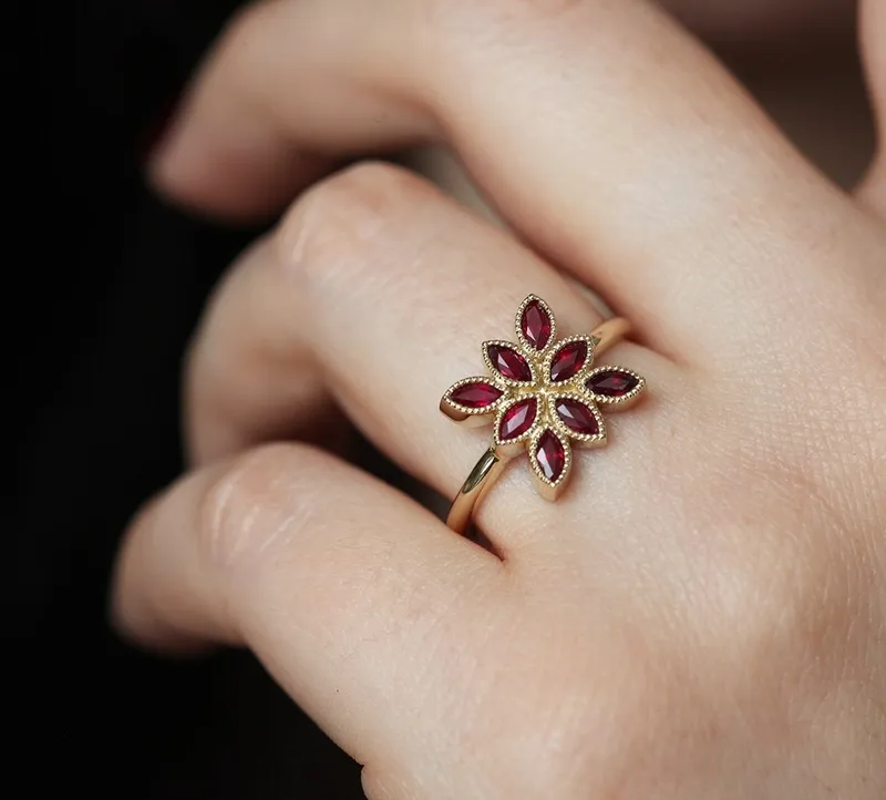 Paulina Marquise Ruby Engagement Ring, Ruby Cluster Ring vy 2