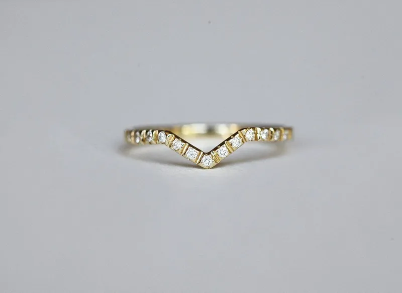 Pave Diamond Ring, V Shaped Wedding Band vy 2
