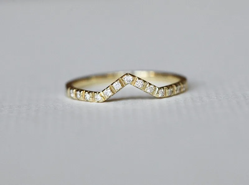 Pave Diamond Ring, V Shaped Wedding Band diamond round cut engagement ring