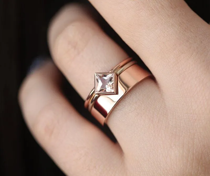Peach Morganite Engagement Ring Set With Wide Band pink engagement ring