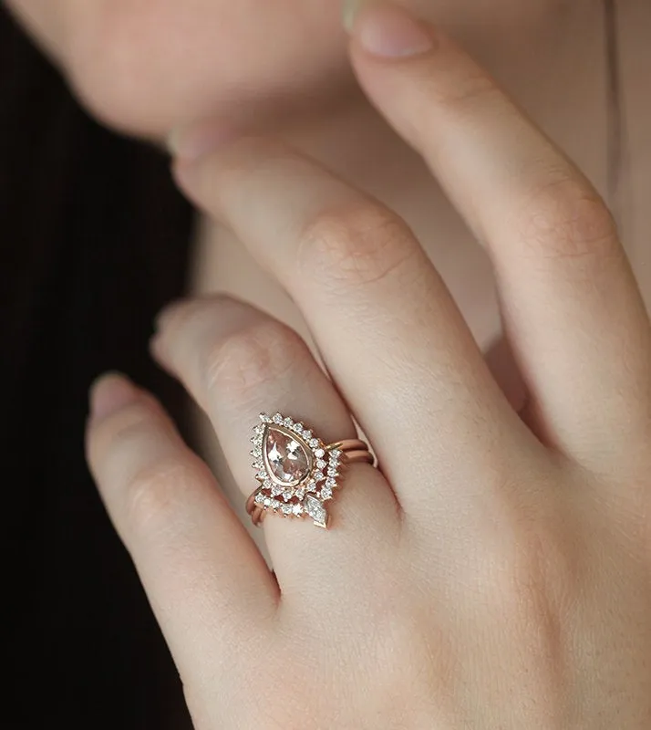 PEAR-CUT AQUAMARINE RING SET WITH DIAMOND HALO AND MARQUISE BAND view 6