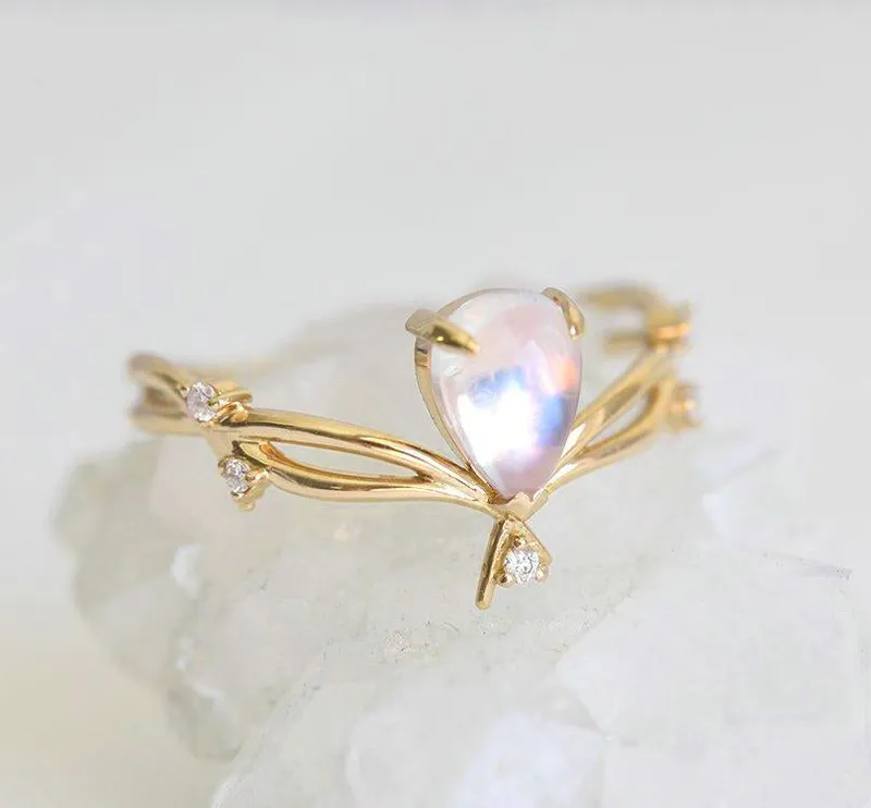 PEAR-CUT MOONSTONE RING WITH TWIG AND DIAMOND BUDS view 7