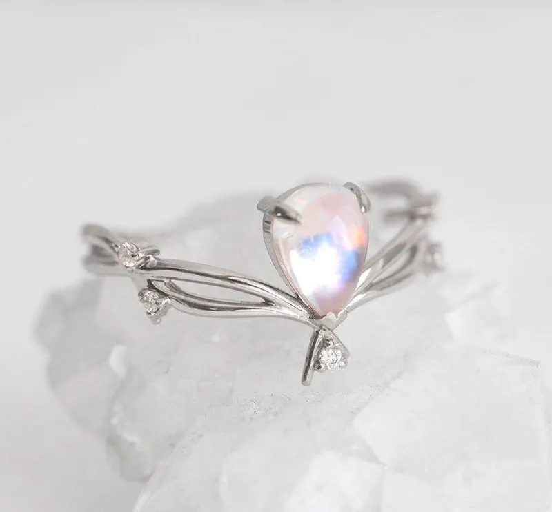 PEAR-CUT MOONSTONE RING WITH TWIG AND DIAMOND BUDS view 8