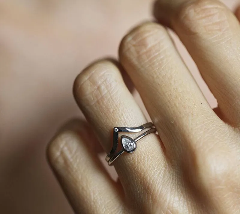 PEAR DIAMOND RING, HAMMERED CURVED FLUSH BAND RING view 2