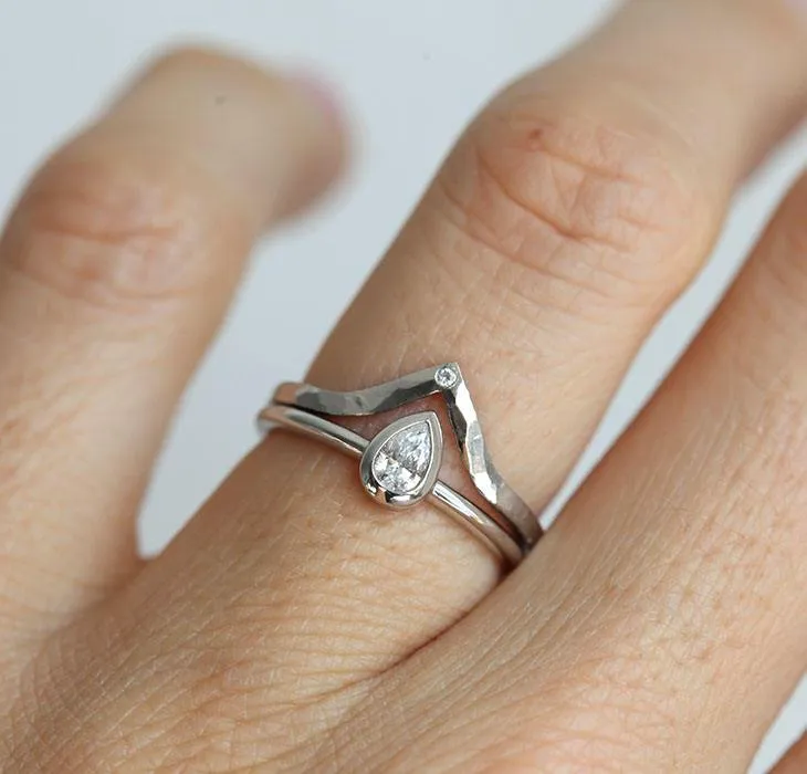 PEAR DIAMOND RING, HAMMERED CURVED FLUSH BAND RING view 4